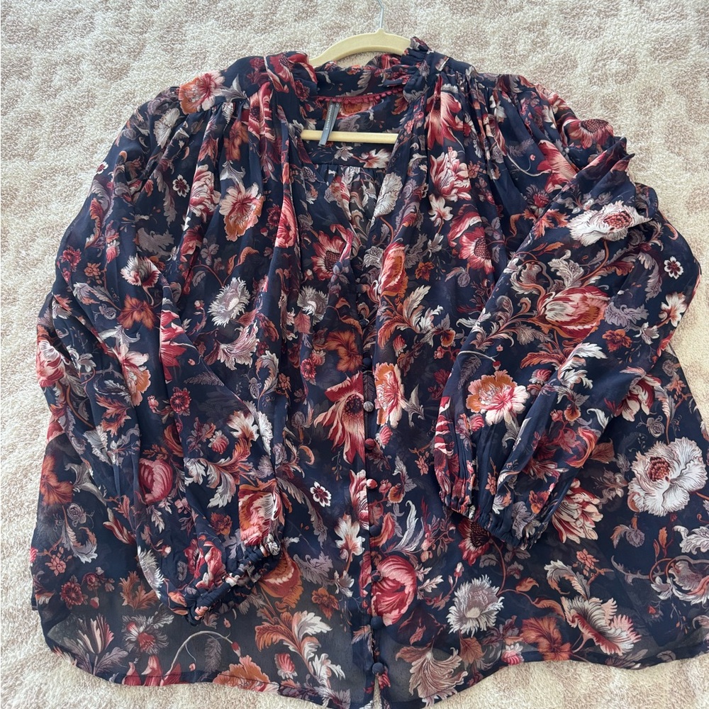 Anthropologie Navy Blouse with Red & Cream Floral Print